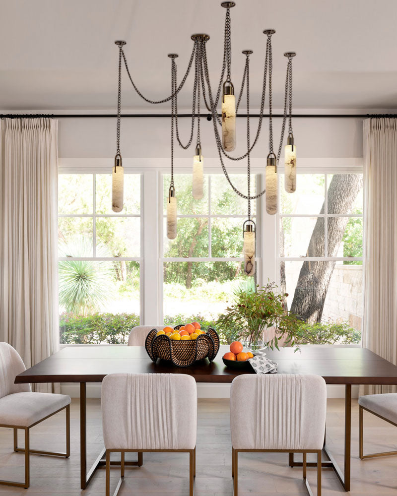 7-lights Brass Ceiling Pendant Lights | Alabaster Flint Drop Chain Lights