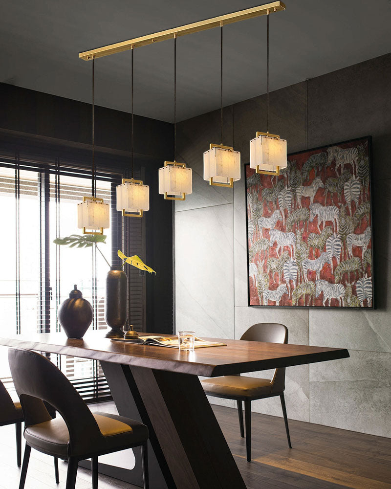 5-Light Rubbed Brass Alabaster Cluster Long Ceiling Pendant lights for dining room