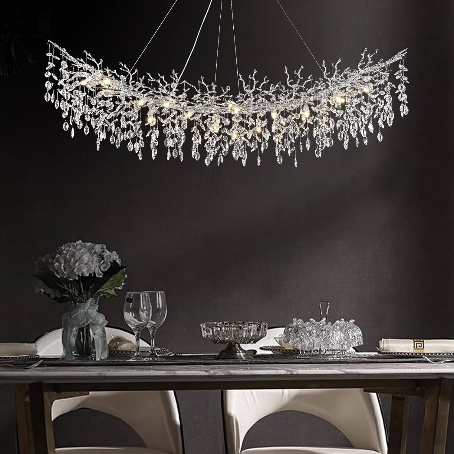 Modern Silver Crystal Glass Tree Branchs Chandelier 55" 72" - Fast Delivery-1-Luxehomezone