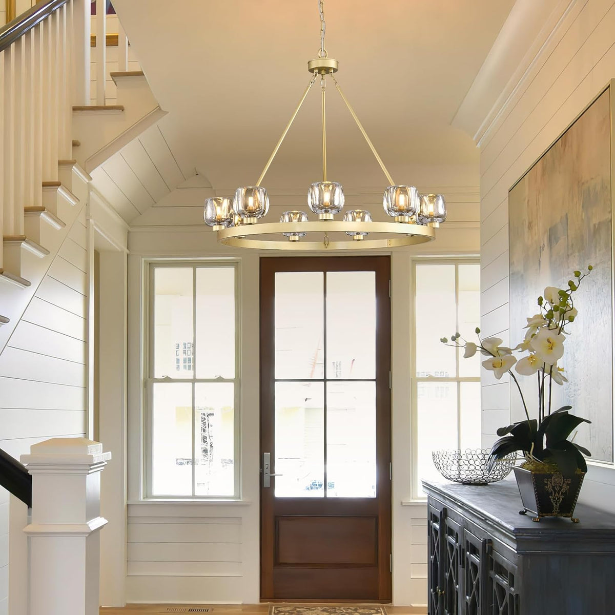 WJShome 47 Gold Wagon Wheel Chandelier, 2 Tiers 36-Light Large Farmhouse Chandelier for High WJShome 47 Gold Wagon Wheel Chandelier, 2 Tiers 36-Light Large Farmhouse Chandelier for High