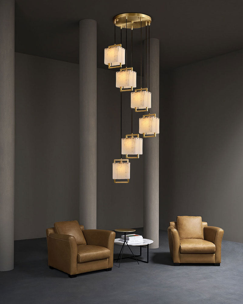 5-Light Rubbed Brass Alabaster Cluster Long Ceiling Pendant lights for dining room
