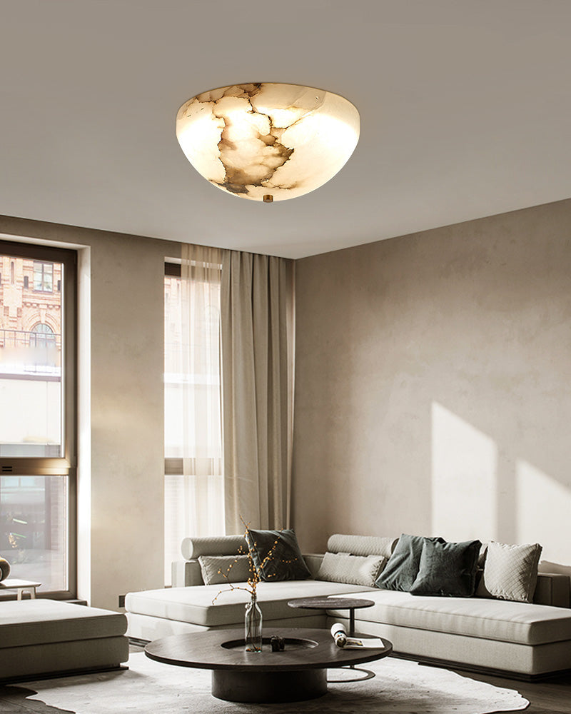 LED Round Bowl Alabaster Stone Semi-Flush Ceiling Light Polished Brass
