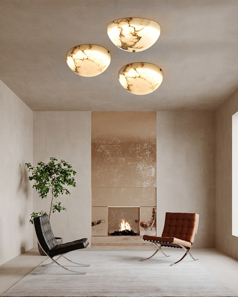 LED Round Bowl Alabaster Stone Semi-Flush Ceiling Light Polished Brass